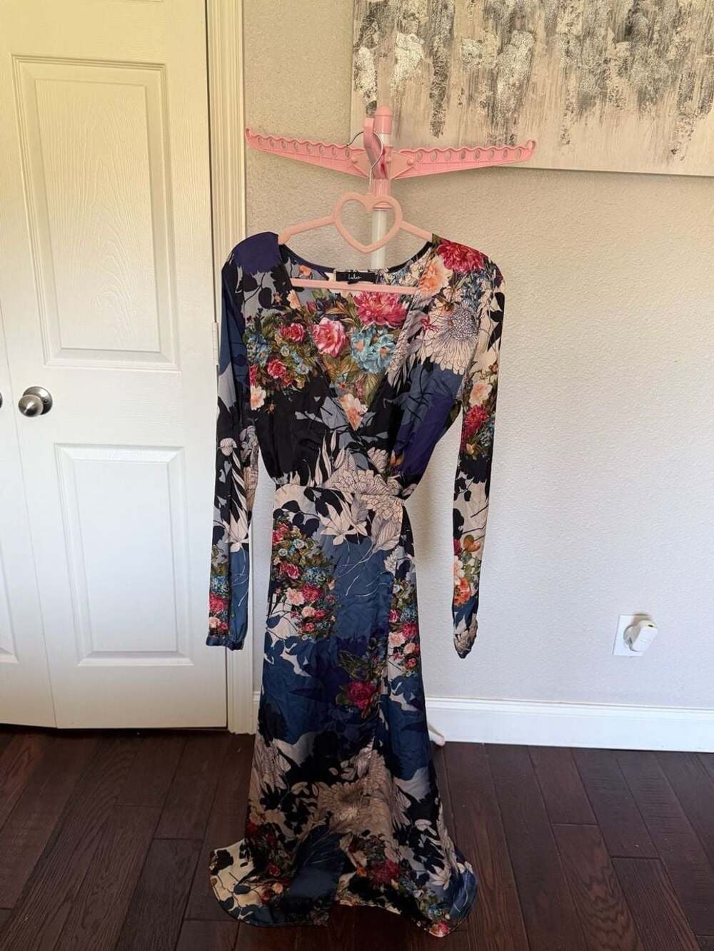 Lulus Long Sleeve Floral Print Satin Wrap Maxi Dress